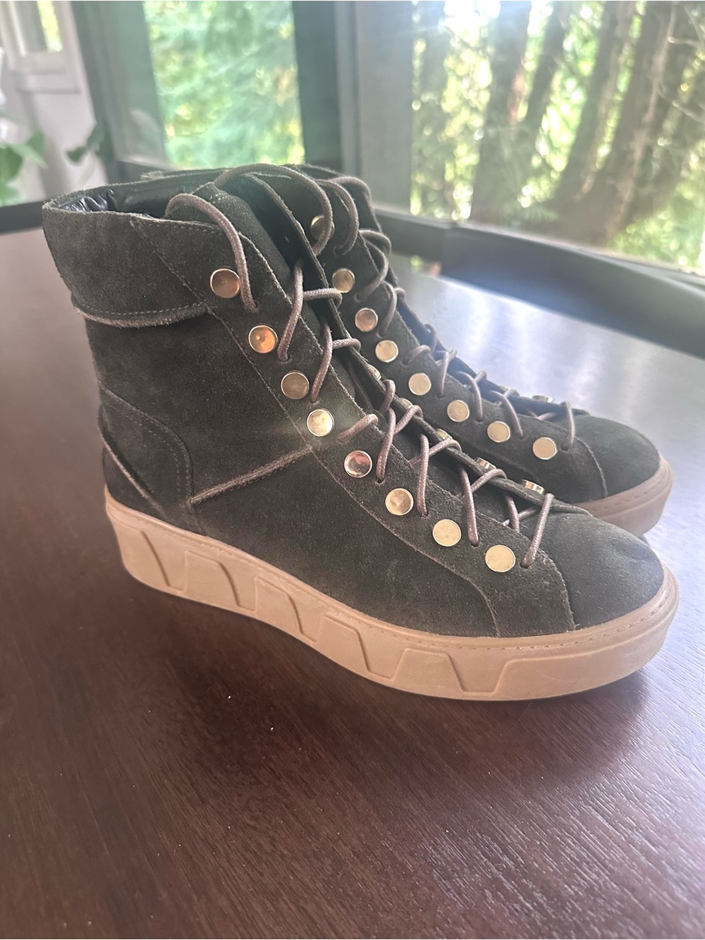 Anthropologie BibiLou Suede High Top Platform Sneaker Boot Olive Green 8 NWOT